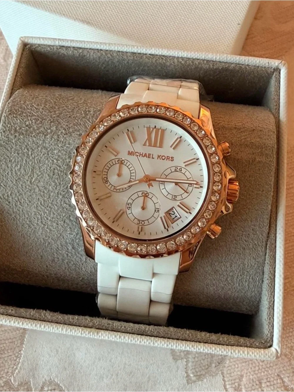 Michael Kors White and Rose Gold Crystal-Accent Chronograph Watch